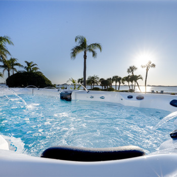 View from the waterline of a swim spa.